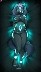 anthro canid canine canis dakimakura_pose female glowing glowing_eyes glowing_markings glowing_nipples hi_res katfishcom looking_at_viewer luna_(hunterx90) mammal markings nipples pregnant solo teasing wolf