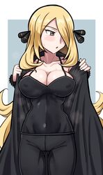 1girls big_breasts blonde_hair blush breasts cynthia_(pokemon) doku_yanagi female grey_eyes hair_ornament long_hair mature_female moudokuyanagi nintendo nipple_bulge pokemon pokemon_dppt presenting presenting_breasts solo standing sweat tight_clothing