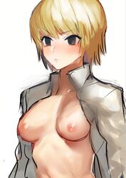 1girls blonde_hair blush blushing breasts echigoya_takeru empty_eyes female female_kurapika female_only genderswap_(mtf) human hunter hunter_x_hunter kurapika light-skinned_female light_skin nervous nipples no_bra rule_63 short_hair shounen_jump simple_background solo sweat sweatdrop white_background