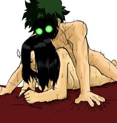 amano44 bed black_hair clenching_sheets closed_eyes completely_nude completely_nude_female completely_nude_male doggy_style faceless_male freckles glowing_eyes green_eyes green_hair izuku_midoriya laying_down laying_on_bed long_hair momo_yaoyorozu muscular_male my_hero_academia red_sheets sheet_grab simple_background sweat sweatdrop white_background