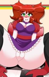 animatronic ansil baby_(fnafsl) blush bow circus_baby circus_baby_(fnaf) cleavage_cutout cute embarrassed five_nights_at_freddy's five_nights_in_anime fnia good_stuff green_eyes leaking_pussy legs_spread long_hair no_panties pigtails pussy red_hair sister_location stockings thick_thighs white_skin