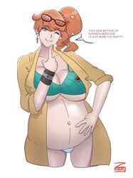 1girls alternate_breast_size big_breasts bra breasts cleavage female female_only huge_belly large_breasts looking_at_viewer panties pokemon pokemon_ss pregnant ready_to_pop solo sonia_(pokemon) sunglasses_on_head zeruxu