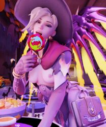 3d blonde_hair blue_eyes breasts candy fjvnb halloween_2020 lust mercy overwatch suit witch_mercy