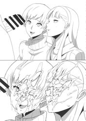 1boy 2girls amagi_yukiko censored clothing cum cum_in_ass cum_on_face cum_on_hair cumshot facial female headband human kamishakujii_(poppenheim) male male/female monochrome one_eye_closed outerwear penetration persona persona_4 poppenhaimu satonaka_chie small_penis veiny_penis