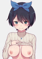 1girls big_breasts black_hair breasts breasts_out exposed exposed_breasts female headband kanojo_okarishimasu large_breasts nipples sarashina_ruka shirt_lift shirt_up short_hair smile smirk solo sweater sweater_lift sweater_up teasing wakkuchin20