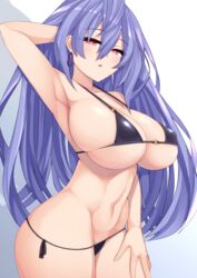 1girls alternate_breast_size arm_behind_head arm_up armpits bare_arms bikini black_bikini blue_hair blush breasts cleavage dura earrings eyebrows_visible_through_hair female female_only fit_female hand_on_thigh highres huge_breasts iris_heart jewelry long_hair looking_at_viewer micro_bikini navel neptunia_(series) open_mouth plutia power_symbol red_eyes side-tie_bikini skindentation solo swimsuit symbol-shaped_pupils very_long_hair voluptuous wide_hips