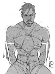 annoyed bara bare_chest black_panther_(series) bondage bound celebrity dark-skinned_male dark_skin dreadlocks erik_killmonger facial_hair kokoko-sir male male_only marvel marvel_cinematic_universe michael_b_jordan monochrome muscular_male partially_clothed rope_bondage scars sketch solo_male supervillain