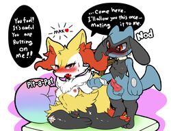 1boy 1girls anthro bandage big_ass blush braixen breasts canid canine canis claws cute cute_fang dialogue english_text female fluffy fluffy_tail fur furry furry_only hi_res knot looking_back male mammal nintendo nipples open_mouth pawpads paws penis pokémon_(species) pokemon pokemon_(species) precum pussy red_eyes riolu stick tail text tod_d tongue tongue_out