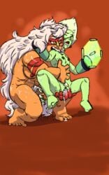 2girls biting feet fingering green_skin jasper_(steven_universe) limb_enhancers long_hair marienightscape multiple_girls nude orange_skin peridot_(steven_universe) pussy pussy_juice sex size_difference small_breasts steven_universe wet yuri