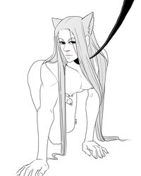 1boy all_fours cat_ears catboy collar feline femboy genital_piercing hunter_x_hunter hxhanjo illumi_zoldyck leashed long_hair male male_only monochrome petplay solo