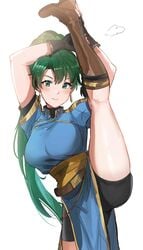 1girls asymmetrical_bangs bangs belt black_shorts blue_dress blush boots breasts brown_footwear closed_mouth dress earrings female fire_emblem fire_emblem:_the_blazing_blade flex flexible flexing green_eyes green_hair high_ponytail highres jewelry knee_boots large_breasts leg_lift leg_up long_hair looking_at_viewer lyn_(fire_emblem) ormille pelvic_curtain ponytail sash short_sleeves shorts simple_background smile splits standing standing_on_one_leg thighs vertical_splits white_background