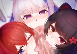 ange_katrina black_hair blue_eyes blue_hair blush butabanahanafukku censored collaborative_fellatio fellatio female foursome inui_toko licking lize_helesta male nijisanji oral purple_eyes red_eyes red_hair straight triple_fellatio two_tone_hair virtual_youtuber white_hair yellow_eyes