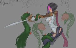 angry armor black_hair blue_eyes blush female fiora_laurent league_of_legends mayhem_art multicolored_hair plant rapier restrained skin_tight sword tentacle torn_clothes two-tone_hair weapon