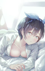 1girl 1girls bed bedroom_eyes black_hair blue_eyes blue_hairband blush breasts clevage female headband kanojo_okarishimasu laying_down laying_on_bed laying_on_stomach looking_at_viewer moda_(mo_da_3) mouth_open no_bra open_blouse open_shirt pale-skinned_female pale_skin sarashina_ruka short_hair solo solo_female white_shirt