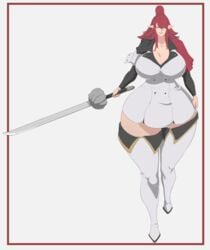 clothing curvy elf green_eyes huge_breasts large_breasts lysanna_d'grimoire military_uniform red_hair sword tenchizone voluptuous wide_hips