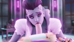 1boy 1girls 3d black_hair blender blowjob blurred_background blurry_background bride_sombra fellatio fjvnb junkrat looking_at_viewer overwatch pov red_lipstick sombra unseen_male_face yellow_eyes zombie zombie_girl