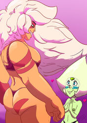 2girls areola_slip ass awe grin heart jasper_(steven_universe) large_breasts lingerie looking_at_another marienightscape multiple_girls orange_skin peridot_(steven_universe) size_difference standing steven_universe yuri