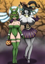 2girls ball_gag blindfold bunny_ears bunnysuit collar edit halloween halloween_basket halloween_costume hourglass_figure huge_breasts kid_icarus large_breasts medusa medusa_(kid_icarus) nintendo palutena playboy_bunny playboy_bunny_leotard re-maker remaker third-party_edit trick_or_treat witch_costume