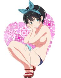 1girls big_breasts black_hair breasts female headband high_heels kanojo_okarishimasu komatsu_(sakanae) large_breasts sarashina_ruka shoes short_hair solo swimsuit topless