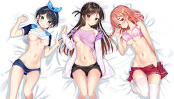 3girls black_hair breasts brown_hair female kanojo_okarishimasu laying_on_bed legs looking_at_viewer mizuhara_chizuru multiple_girls pink_hair sakurasawa_sumi sarashina_ruka shorts skirt slender_legs underboob