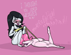 2girls adventure_time atomic_wedgie blush dialogue digitalwedgieart marceline multiple_girls panties princess_bubblegum text wedgie yellow_panties yuri