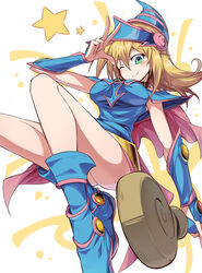 1girls 2020 armlet armpits ass bare_shoulders blonde_hair blue_clothing blush boots breasts clothed clothing dark_magician_girl eyebrows_visible_through_hair female female_only green_eyes hat highres holding_staff holding_weapon jewelry jpeg looking_at_viewer medium_breasts no_panties one_eye_closed pentagram pose smile solo staff star suspension suzusiigasuki thighs w weapon wink yu-gi-oh!