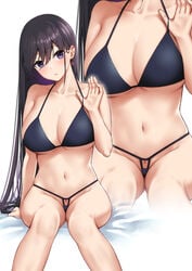 1girls absurdres bare_arms bare_legs bare_shoulders bikini black_bikini black_hair blush breasts cleavage collarbone hair_between_eyes halter_top halterneck highres large_breasts long_hair looking_at_viewer navel original parted_lips purple_eyes simple_background sitting solo string_bikini swimsuit very_long_hair white_background yuzuri_ai zoom_layer