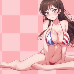 1girls american_flag american_flag_bikini bikini blush breasts embarassed female flag_bikini kanojo_okarishimasu legs mizuhara_chizuru p-nekoe solo