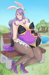 1girls alternate_costume big_breasts blush breasts bunny_ears bunny_girl bunnysuit camilla_(fire_emblem) camilla_(spring)_(fire_emblem) claraspregs cleavage female female_only fire_emblem fire_emblem_fates huge_belly large_breasts nintendo pregnant ready_to_pop solo