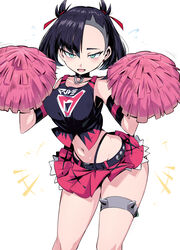 1girls 2020 armband armpits ass_shake asymmetrical_bangs bangs bare_legs belt black_hair blue_eyes blush breasts cheerleader choker clothed clothing crop_top earrings embarrassed female female_only flying_sweatdrops gym_uniform half-closed_eyes highres human legwear looking_at_viewer marnie_(pokemon) midriff miniskirt navel nintendo open_mouth pleated_skirt pokemon pokemon_ss pom_poms pose short_twintails simple_background single_earring skirt small_breasts smile solo spikes standing suzusiigasuki sweat sweatdrop tank_top team_yell thick_thighs thigh_strap thighs thong tied_hair tongue twintails uniform w_arms whale_tail white_background