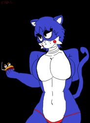 annoyed annoyed_expression blue_fur blue_hair candy_(fnac) cat_ears cat_tail cigarette five_nights_at_candy's five_nights_at_freddy's five_nights_in_anime hamburger no_humans no_visible_nipples red_thong smoking solo tagme thong topless topless_female white_fur