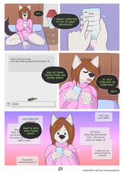 1girls anthro audrey_(woofyrainshadow) brown_hair canine comic english_text female female_only furaffinity_username furry mature_female milf page_1 solo text texting woofyrainshadow