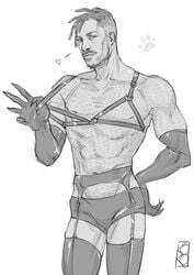 bare_chest black_panther_(series) bulge celebrity crossdressing dark-skinned_male dark_skin dreadlocks erik_killmonger facial_hair garter_belt gloves heart kokoko-sir male_in_lingerie male_only marvel marvel_cinematic_universe michael_b_jordan monochrome muscular_male panties playful scars sketch solo_male stockings supervillain thighhighs