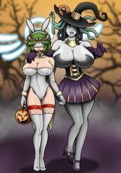 2girls alternate_color ball_gag blindfold bunny_ears bunnysuit collar edit halloween halloween_basket halloween_costume hourglass_figure huge_breasts kid_icarus large_breasts medusa medusa_(kid_icarus) nintendo palutena playboy_bunny playboy_bunny_leotard re-maker remaker third-party_edit trick_or_treat witch_costume