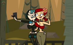 2girls ass_grab big_breasts breast_press breast_squish breasts cleavage detailed_background elinor_the_witch ellissummer female female_only goth green_hair gwen_(tdi) hair_ornament hornyhobbit huge_breasts mother-of-trolls nipple_bulge phone red_hair selfie teal_hair thick_thighs total_drama:_revenge_of_the_island total_drama_island wide_hips yuri zoey_(tdi)