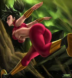 1girls abs big_ass big_breasts black_eyes black_hair boots dragon_ball female izhardraws kefla running saiyan smile tight_clothing