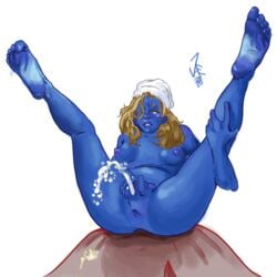 1girls ahe_gao bare_arms bare_legs barefoot blonde_hair blue_eyes blue_skin clenched_teeth eyes_rolling_back feet feet_up female female_only fingering hat jae-yo leaning_back masturbation micro minigirl pussy smurf smurfette soles solo spread_legs squirting toe_scrunch toes