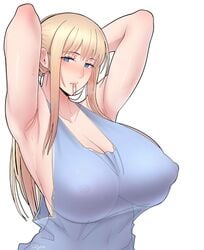 1girls armpits big_breasts blonde_hair blue_eyes blush breasts cleavage clothing copyright_request female_focus female_only highres kinpatsu_single_mother_to_icha_love_suru_hon long_hair looking_at_viewer nipples revealing_clothes simple_background solo sueyuu tsumino white_background