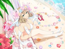 bangs beach belt bikini blonde_hair blue_flower blue_rose blue_shell blush bow breasts cleavage detached_sleeves flower green_eyes hammock haruka_(senran_kagura) heart high_heels highres jewelry large_breasts looking_at_viewer necklace official_art open_mouth orange_flower pearl_necklace petals pink_bow pink_flower pink_rose purple_flower purple_rose red_belt rose_(flower) seashell senran_kagura senran_kagura_new_link shell shore short_hair smile sparkle swept_bangs swimsuit thighhighs veil water white_bikini white_sleeves yaegashi_nan yellow_flower yellow_rose