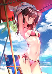 1girls armpit armpit_sweat armpits artist_name beach beach_background beach_chair beach_umbrella bikini bloom blush bow bow_bikini breasts brown_hair clothed clothing cloud cloudy_sky female highlights_(coloring) kanojo_okarishimasu mizuhara_chizuru navel one_eye_closed palm_tree pink_bikini solo sweat sweaty_face sydus thin_waist undressing water