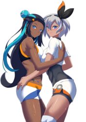 2girls aqua_hair bare_shoulders bea_(pokemon) black_hair blue_eyes blush breast_press breasts couple dark-skinned_female dark_skin duo earrings female female_only grey_hair gym_leader hair_between_eyes hair_bun hair_ornament hoop_earrings hug hugging human human_only interracial long_hair looking_at_viewer medium_breasts midriff multiple_girls mutual_yuri nessa_(pokemon) nintendo pokemon pokemon_ss shirt short_hair short_sleeves shorts smile standing symmetrical_docking torahime two_tone_hair yuri