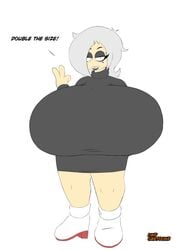 big_belly black_eyeshadow black_lipstick breast_expansion breasts chubby chubby_female clothed dialogue enormous_breasts female_only fully_clothed heels human human_only looking_at_viewer lwd_cartoonz original_character skirt smiling sweater thick_legs thick_thighs tight_clothing turtleneck turtleneck_sweater unknown_(lwd_cartoonz) white_hair