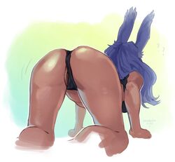 1girls all_fours ass bent_over black_bra black_panties blue_hair bramblefix bunny_ears dark-skinned_female dark_skin female female_focus female_only from_behind panties_aside pussy slip solo solo_female solo_focus sports_bra underwear