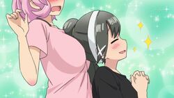 16:9_aspect_ratio 2girls animated black_hair bouncing_breasts breasts female female_only large_breasts low_resolution multiple_girls oomune_mune screencap shakunetsu_no_takkyuu_musume ushirode_kiruka yuri