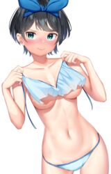 1girls big_breasts bikini black_hair blue_bikini blush breasts headband k_mugura kanojo_okarishimasu sarashina_ruka short_hair smirk solo