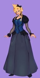 1boy 1femboy black_dress blonde_hair blue_eyes blush buff cloud_strife combos-n-doodles crossdressing dark_background dress femboy feminine_male final_fantasy final_fantasy_vii fully_clothed girly light-skinned_femboy lips male pink_lips purple_eyeshadow solo spiky_hair trap twin_braids
