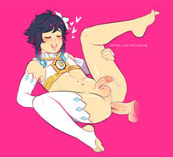 2boys anal anal_sex androgynous balls blue_hair blush braided_hair closed_eyes dark_blue_hair disembodied_penis femboy flat_chest flower flower_in_hair gay genshin_impact girly hearts legwear male male/male male_penetrated medium_penis penis pink_background redcladking testicles thighs two_tone_hair veiny_penis venti_(genshin_impact) yaoi