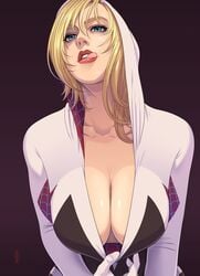 1girls aged_up big_breasts blonde blonde_hair blue_eyes breasts cleavage female female_only gwen_stacy gwen_stacy_(spider-verse) hoodie large_breasts licking licking_lips looking_at_viewer lunasanguinis marvel mature mature_female mature_woman milf solo solo_female spider-gwen spider-man:_into_the_spider-verse spider-man_(series) superheroine