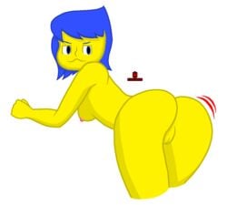 1girls :3 alternate_hairstyle artist_logo artist_name ass ass_focus blue_eyes blue_hair female green_eyes horryhane jiggle joy_(inside_out) looking_away no_bra pussy smug smug_face solo solo_female thick_thighs yellow_skin