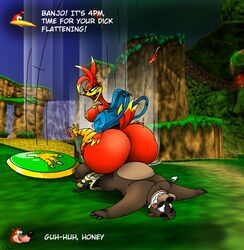 ass avian backpack bag banjo-kazooie banjo_(banjo-kazooie) bear bird blue_eyes breasts brown_bear brown_fur cowgirl_position english_text female green_eyes kazooie large_ass laying_down looking_back male meme necklace nipples rareware red_feathers reverse_cowgirl_position sex text thick_thighs thighs xanderdwulfe